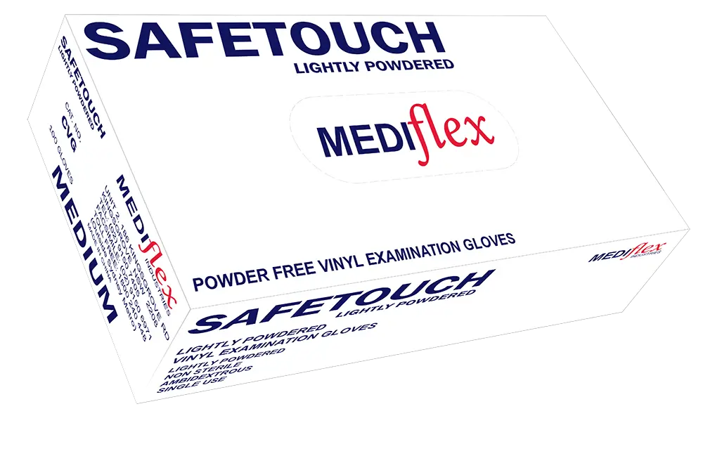 Safetouch Mediflex medium size vinyl gloves box lightly powdered and powder free examination gloves